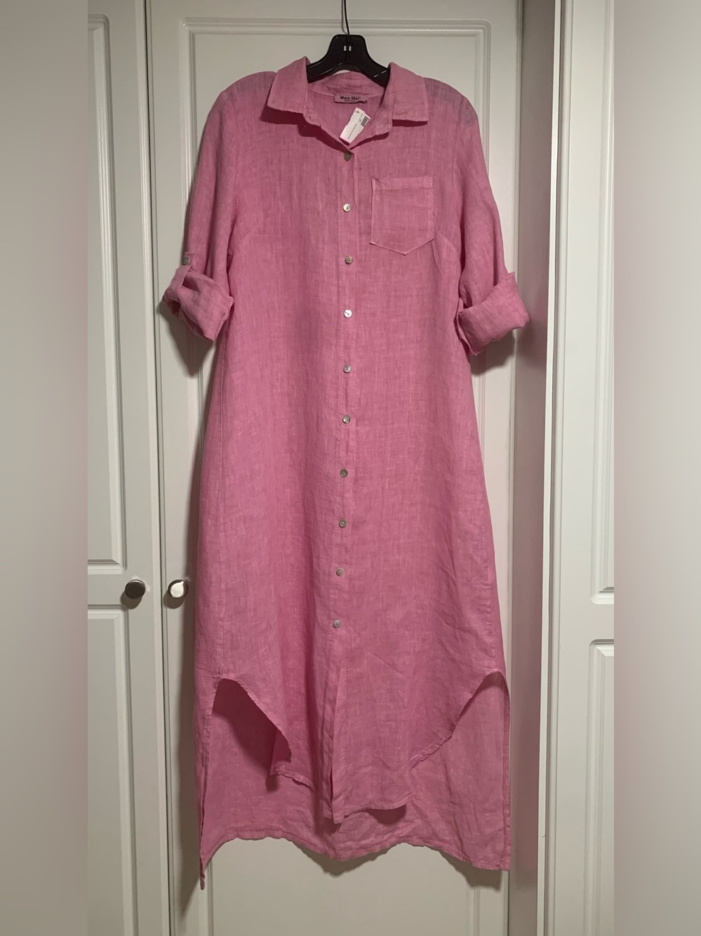 NWT Meo Meli Relaxed Pink Linen Button-Front Maxi Shirt Dress